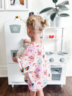 Little girl wearing a handmade Bluey Bingo shirt 